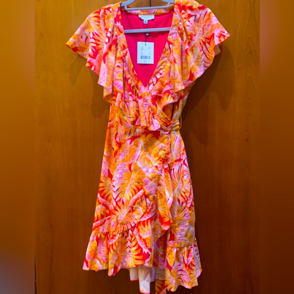 Gibson Latimer Pink and Orange Wrap Dress with V-Neck